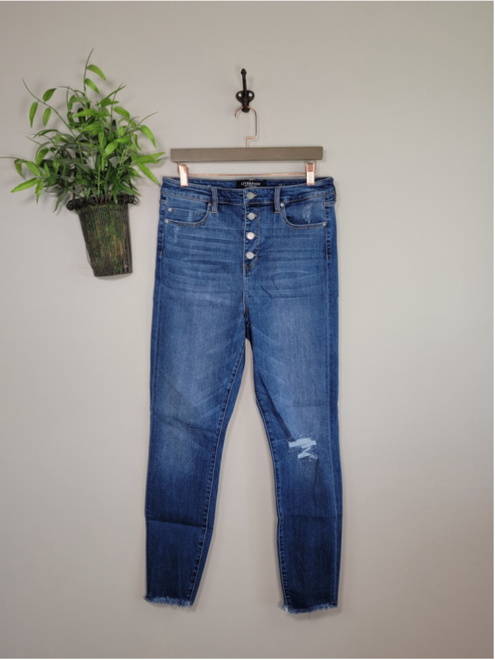 Liverpool 12 The High Rise Ankle Skinny Jeans Exposed Button Fly Frayed Distress